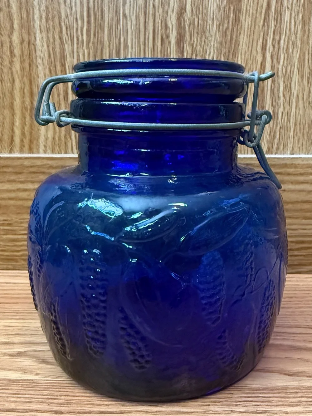 Vintage Italian Cobalt Blue Glass Canister, Embossed Grapevine Jar, Swing lid
